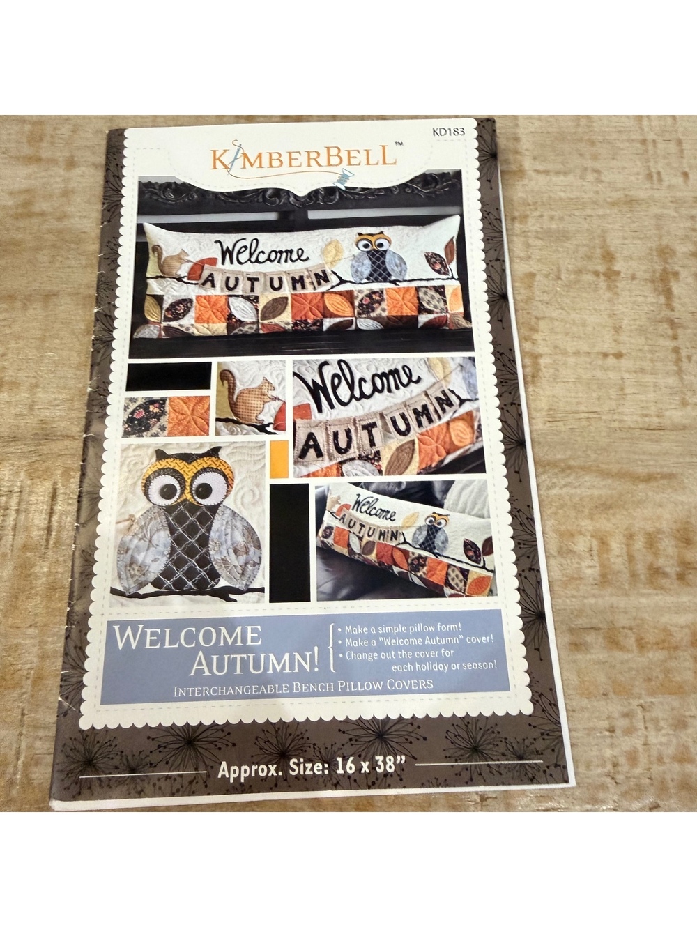 Kimberbell Welcome Autumn Bench Pillow Pattern KD183 Owl Squirrel Applique 16x38